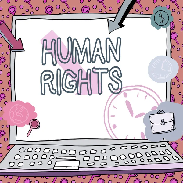 İnsan Hakları metni yazılıyor. İş yaklaşımı Ahlak İlkeleri Standartları Hukuk Posteri tarafından korunan çalışanların dakikliğini gösteren parasal sembollerle süslenmiş bir gösterinin normları. — Stok fotoğraf
