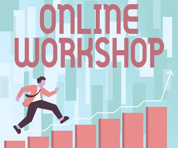 Έμπνευση που δείχνει σημάδι Online Workshop. Επιχειρηματική ιδέα δείχνει τα αγαθά και τα εμπορεύματα πάνω από τις ηλεκτρονικές ιστοσελίδες Κύριος με κοστούμι αναρρίχηση Staris τρέχει προς τα εμπρός επιτυχία επίτευξη των στόχων. — Φωτογραφία Αρχείου