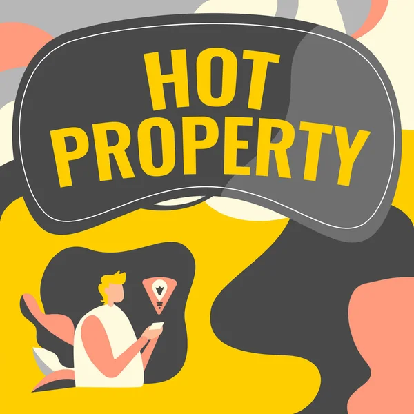 Sign displaying Hot Property. Internet Concept Something which is sought after or is Heavily Demanded Businessman Using Mobile Phone Making Plans Accomplishing Latest Goals. — Stock Photo, Image