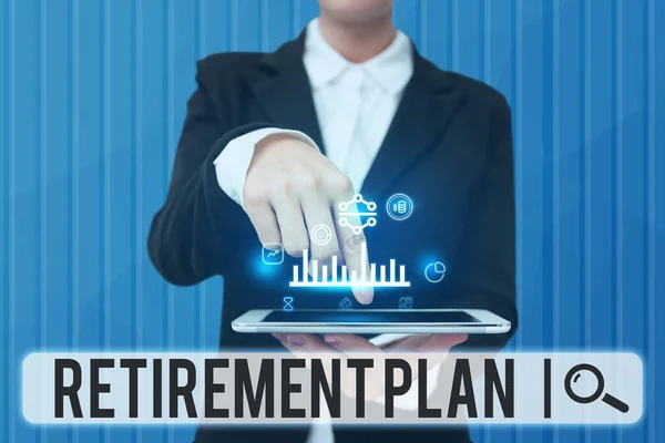 Writing displaying text Retirement Plan. Business idea saving money in order to use it when you quit working Lady Pressing Screen Of Mobile Phone Showing The Futuristic Technology — Stockfoto