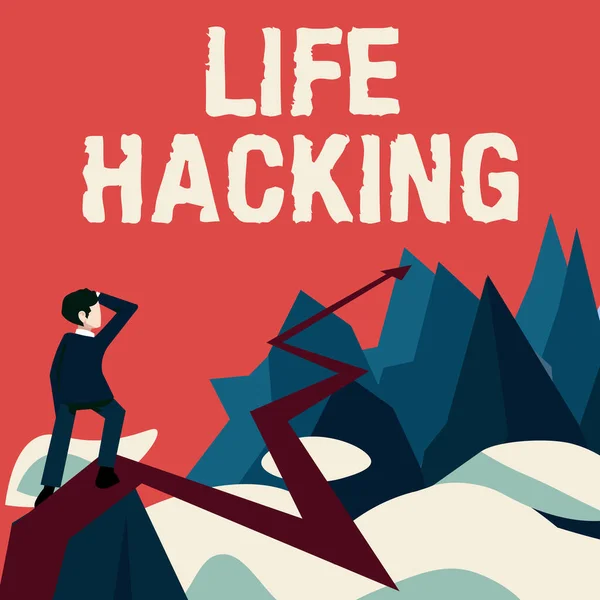 Life Hacking 에 영감을 주는 텍스트. 미래의 프로젝트 성공을 상징하는 수평선 화살표를 쉽게 보고 작업을 수행하는 간단하고 영리 한 기술. — 스톡 사진