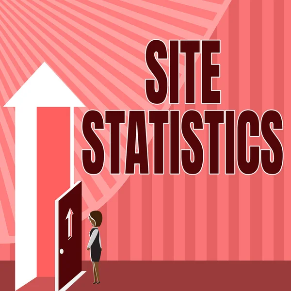 Legenda do texto apresentando estatísticas do site. Negócios mostrar medição do comportamento dos visitantes para determinado site Lady Standing Front Of Door Abrindo novas oportunidades para o sucesso. — Fotografia de Stock