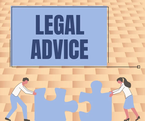 Sign displaying Legal Advice. Business idea Lawyer opinion about law procedure in a particular situation Colleagues Conencting Two Pieces Jigsaw Puzzle Together Showing Teamwork. — Foto Stock