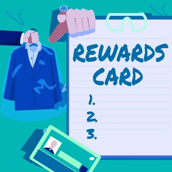 Writing displaying text Rewards Card. Business approach Help earn cash points miles from everyday purchase Incentives Hands Holding Uniform Showing New Open Career Opportunities. — Zdjęcie stockowe