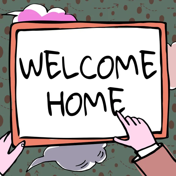 Inspiration showing sign Welcome Home. Business idea Expression Greetings New Owners Domicile Doormat Entry Hands Holding Paper Showing New Ideas Surrounded With Stars. — Stok fotoğraf