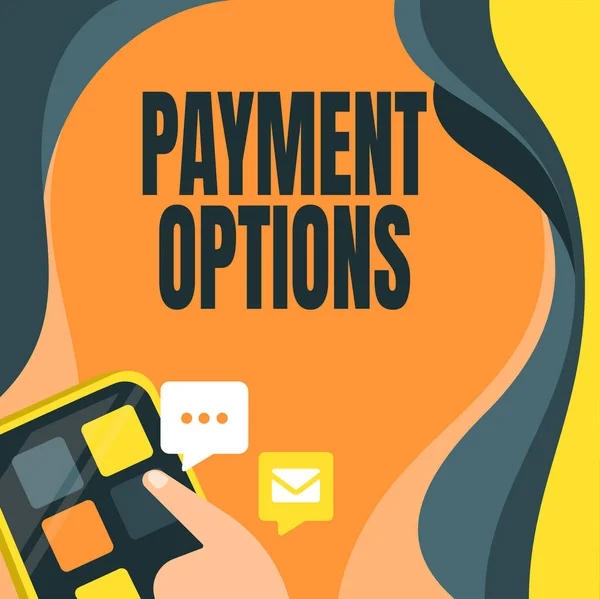 Handwriting text Payment Options. Word for The way of chosen to compensate the seller of a service Finger Pressing Application Button Presenting Global Network Connection. — Fotografia de Stock