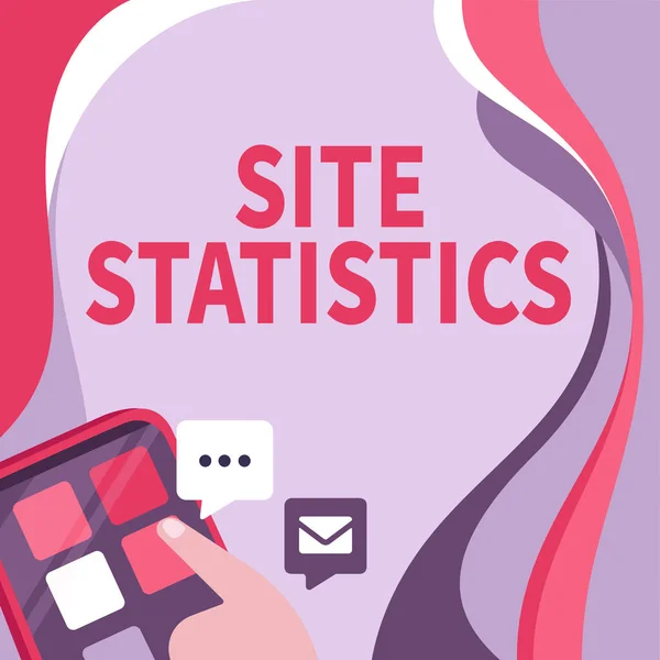 Inspiration showing sign Site Statistics. Business approach measurement of behavior of visitors to certain website Finger Pressing Application Button Presenting Global Network Connection. — Fotografia de Stock