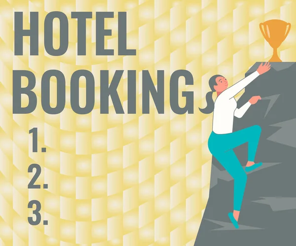 Hand writing sign Hotel Booking. Business approach Online Reservations Presidential Suite De Luxe Hospitality Woman Climbing Mountain Reaching Trophy Representing Success. — 스톡 사진