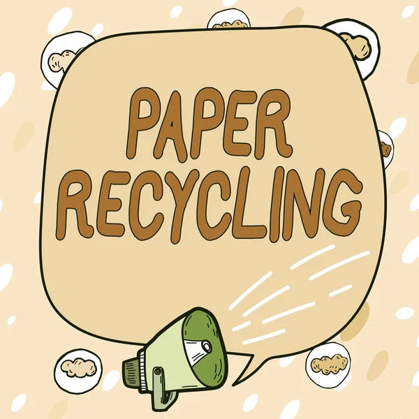 Εγγραφή εμφάνισης ανακύκλωσης χαρτιού κειμένου. Επιχειρηματική ιδέα Χρησιμοποιώντας τα χαρτιά αποβλήτων με ένα νέο τρόπο από την ανακύκλωση τους Πλαίσιο που καλύπτεται με σύμβολα λόγου εμφανίζει ομιλητής κάνει ανακοινώσεις. — Φωτογραφία Αρχείου