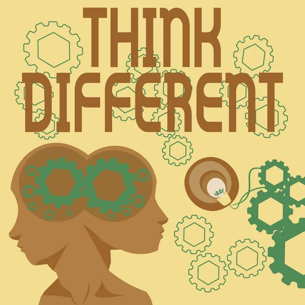 Podepsat zobrazení Think Different. Obchodní přehled být jedinečný s vašimi myšlenkami nebo postojem Vítr změny Dvě hlavy s kolečky Zobrazení technologických nápadů. — Stock fotografie