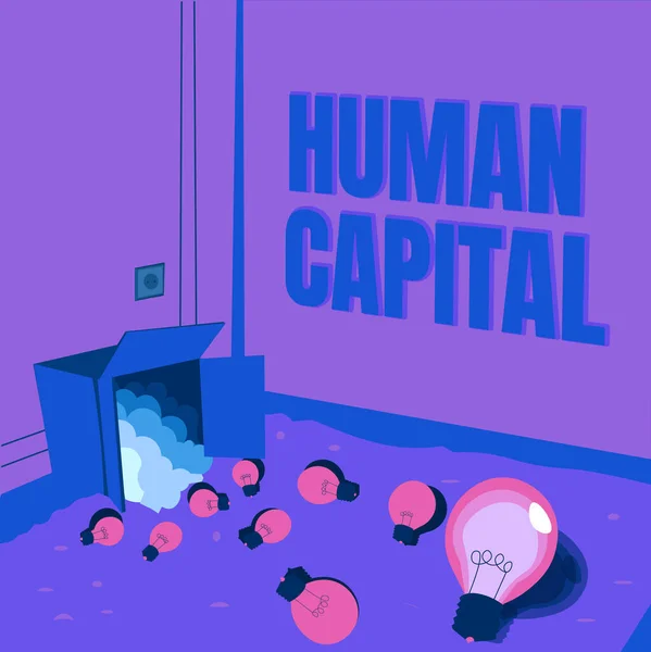 Inspiration showing sign Human Capital. Business concept Intangible Collective Resources Competence Capital Education Light bulbs spilled out box symbolizing innovative thinking. — Stok fotoğraf