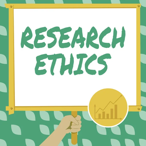 Text caption presenting Research Ethics. Business overview interested in the analysis ofethicalissues that raised Hand Holding Panel Board Displaying Latest Financial Growth Strategies. — Stok fotoğraf