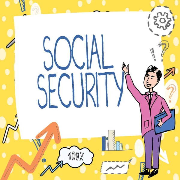 Inspiration showing sign Social Security. Conceptual photo assistance from state showing with inadequate or no income Gentleman Drawing Standing Pointing Finger In Blank Whiteboard. — Foto de Stock