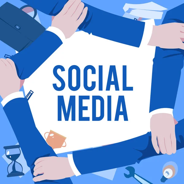 Conceptual caption Social Media. Business showcase Online communication channel Networking Microblogging Four Hands Drawing Holding Arm Together Showing Connection Symbol. — Photo