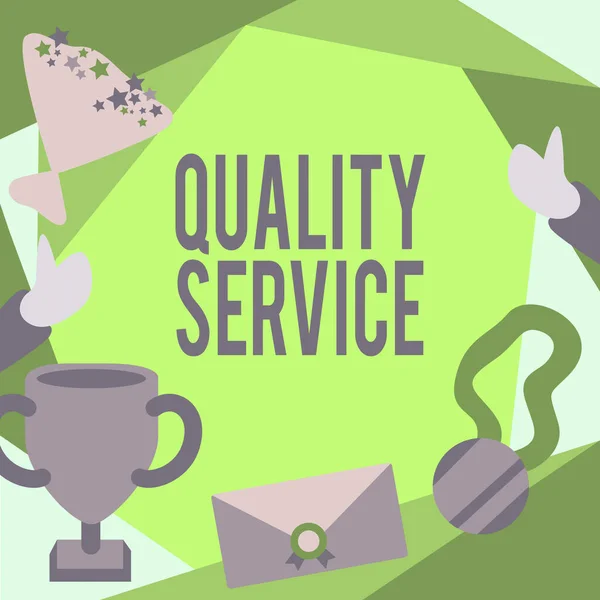 Writing displaying text Quality Service. Business overview how well delivered service conforms to clientexpectations People Congratulating Success Presenting Earned Trophy Medals. — 스톡 사진