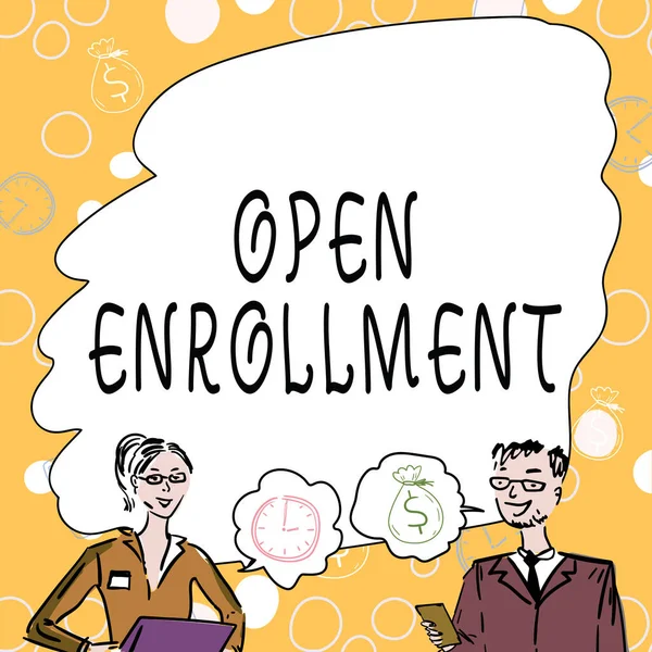 Sign displaying Open Enrollment. Word for The yearly period when showing can enroll an insurance Team Members Looking At Whiteboard Brainstorming New Solutions. — Stockfoto