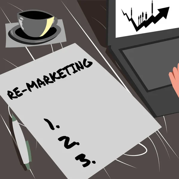 Handwriting text Re Marketing. Business approach Strategy to reach potential customers in your website Laptop Resting Beside Coffee Mug And Plain Sheet Showing Work Process. — Stock Photo, Image