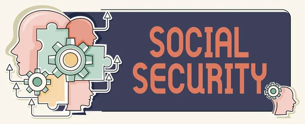 Sign displaying Social Security. Business concept assistance from state showing with inadequate or no income Multiple Heads With Cogs Showing Technology Ideas. — Stok fotoğraf