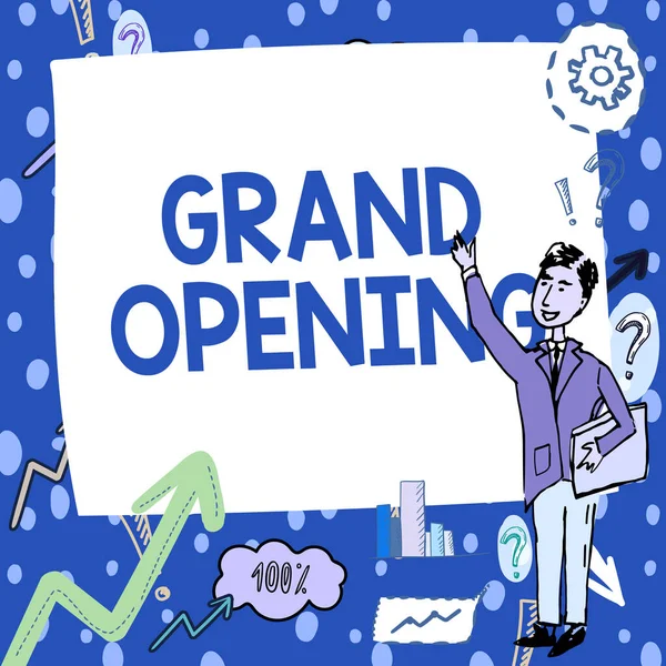 Inspiratie met bord Grand Opening. Bedrijfsconcept Lint Knippen Nieuwe Zakelijke Eerste Officiële Dag Lancering Gentleman Tekenen Staande Wijzende Vinger In Blanco Whiteboard. — Stockfoto