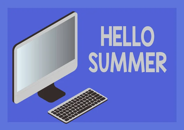Handwriting text Hello Summer. Business concept Welcoming the warmest season of the year comes after spring Monitor with keyboard symbolizing online connection between colleagues. — Stock Photo, Image