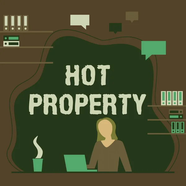 Έμπνευση που δείχνει σημάδι Hot Property. Έννοια σημαίνει κάτι που αναζητείται ή είναι βαριά απαίτησε γυναίκα κάθεται στο γραφείο εργασίας και παρουσιάζοντας τις νέες τεχνολογίες. — Φωτογραφία Αρχείου