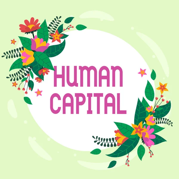 Conceptual caption Human Capital. Internet Concept Intangible Collective Resources Competence Capital Education Blank Frame Decorated With Abstract Modernized Forms Flowers And Foliage. — стоковое фото