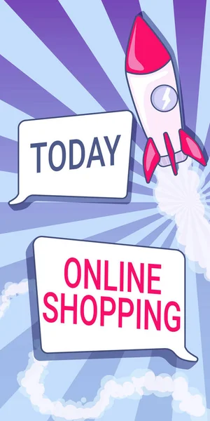 Text sign showing Online Shopping. Business idea allows consumers to buy their goods over the Internet Rocket Ship Launching Fast Straight Up To The Outer Space. — Fotografia de Stock