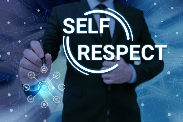 Концептуальная подпись Self Respect. Идея бизнеса Гордость и уверенность в себе постоять за себя Человек держит экран мобильного телефона Показаны футуристические технологии. — стоковое фото