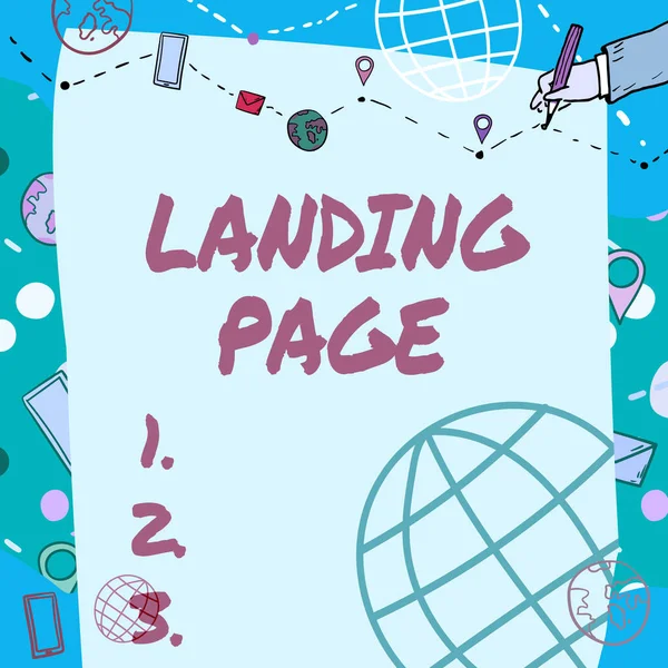 Text showing inspiration Landing Page. Business showcase Website accessed by clicking a link on another web page Plain Whiteboard With Hand Drawing Guide Line For Steps Over World Globe. — Foto Stock