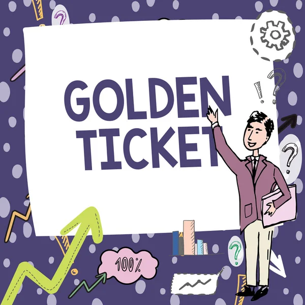 Texto mostrando inspiração Golden Ticket. Vitrine de negócios Rain Check Access VIP Passport Box Office Seat Event Gentleman Drawing Standing Pointing Finger In Blank Whiteboard. — Fotografia de Stock