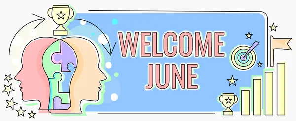 Text sign showing Welcome June. Business idea Calendar Sixth Month Second Quarter Thirty days Greetings Two Heads Connected Puzzle Showing Solving Problems And Sharing Success — Photo