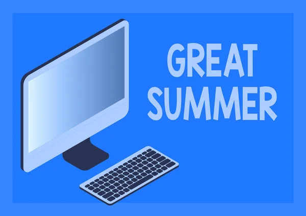 Hand writing sign Great Summer. Business concept Having Fun Good Sunshine Going to the beach Enjoying outdoor Monitor with keyboard symbolizing online connection between colleagues. — Stok fotoğraf