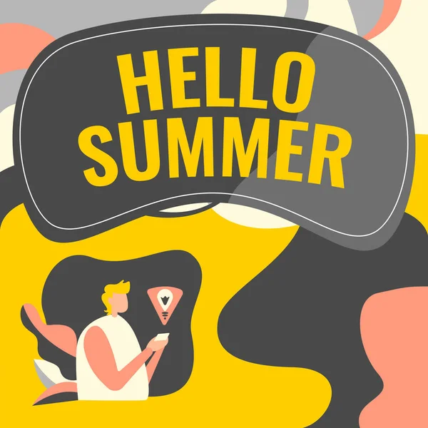 Inspiration showing sign Hello Summer. Concept meaning Welcoming the warmest season of the year comes after spring Businessman Using Mobile Phone Making Plans Accomplishing Latest Goals. — Stock Photo, Image