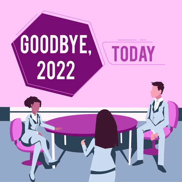 Text showing inspiration Goodbye 2022. Word for New Year Eve Milestone Last Month Celebration Transition Colleagues having meeting presenting project ideas achieving teamwork. — Photo