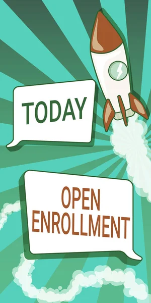 Text sign showing Open Enrollment. Conceptual photo The yearly period when showing can enroll an insurance Rocket Ship Launching Fast Straight Up To The Outer Space. — Fotografia de Stock