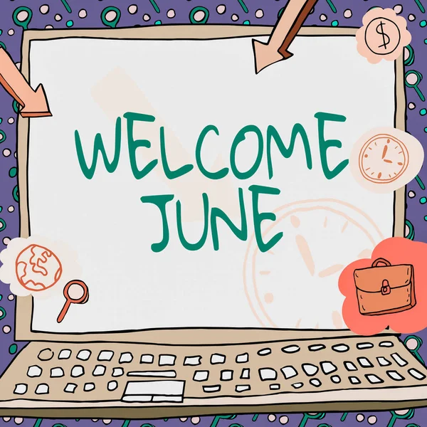 Fogalmi felirat Üdvözöljük June. Internet Concept Calendar Hatodik hónap Második negyedév Harminc nap Üdvözlet Monetáris szimbólumokkal díszített poszter, amely az alkalmazottak pontosságát mutatja. — Stock Fotó