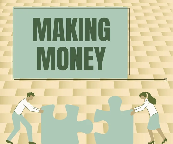 Text caption presenting Making Money. Conceptual photo Giving the opportunity to make a profit Earn financial support Colleagues Conencting Two Pieces Jigsaw Puzzle Together Showing Teamwork. — Foto de Stock