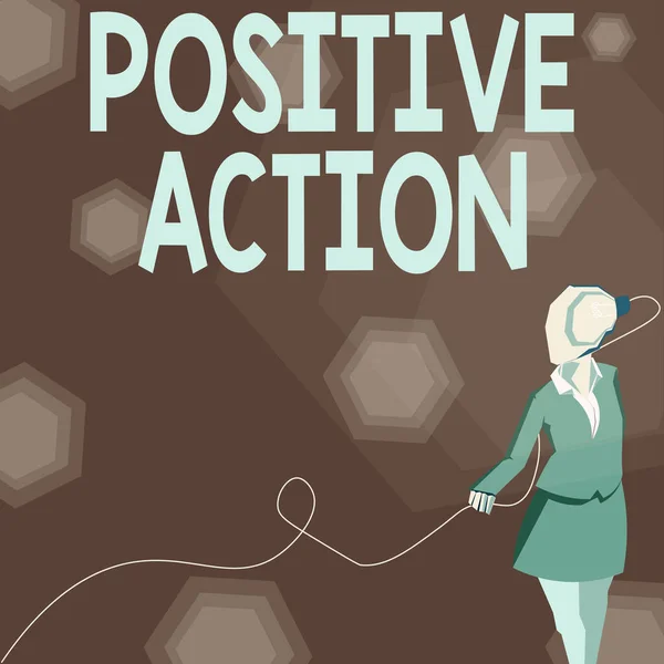 Sign displaying Positive Action. Business showcase doing good attitude against certain situation Fine reaction Lady wearing suit with a head full of ideas represented by a light bulb. — Stock Fotó