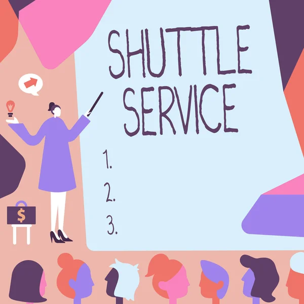 Handwriting text Shuttle Service. Word for vehicles like buses travel frequently between two places Lady Pointing Backdrop Presenting Newest Successfull Financial Strategies. — Fotografia de Stock
