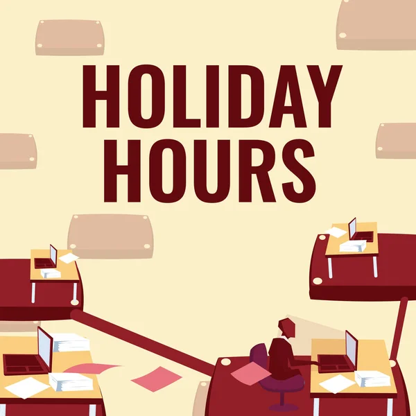 Text sign showing Holiday Hours. Word for Schedule 24 or7 Half Day Today Last Minute Late Closing Male office worker utilizing technology available office supplies.