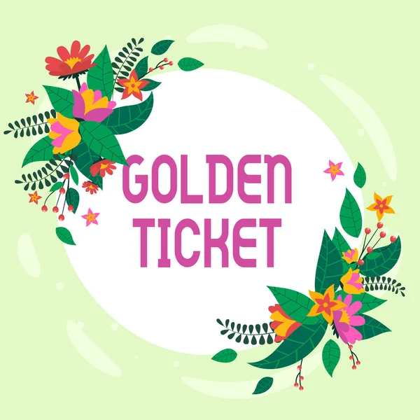 Sign displaying Golden Ticket. Word for Rain Check Access VIP Passport Box Office Seat Event Blank Frame Decorated With Abstract Modernized Forms Flowers And Foliage. — Stock Fotó