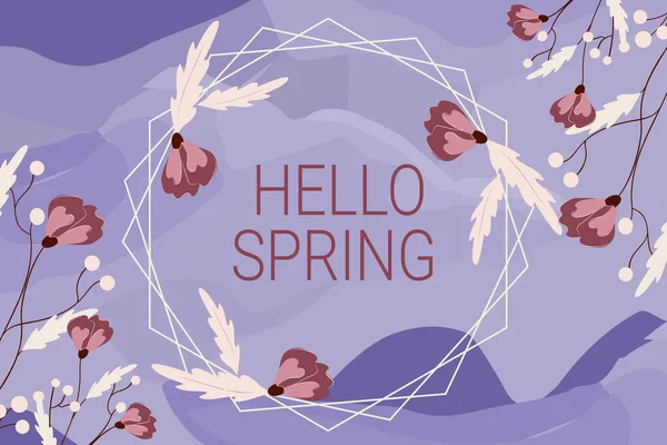 Metin gösterimi yazılıyor. Merhaba Spring. Çiçeklerin çiçeklenmesinden sonraki mevsimi karşılayan iş yaklaşımı Soyut Çerçevelenmiş Şekiller ve Yapraklarla süslenmiş Boş Çerçeve.