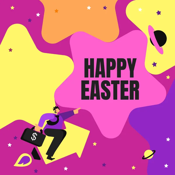 Text caption presenting Happy Easter. Business idea Christian feast commemorating the resurrection of Jesus Gentleman Pointing Finger Star Representing Financial Success. — Stockfoto