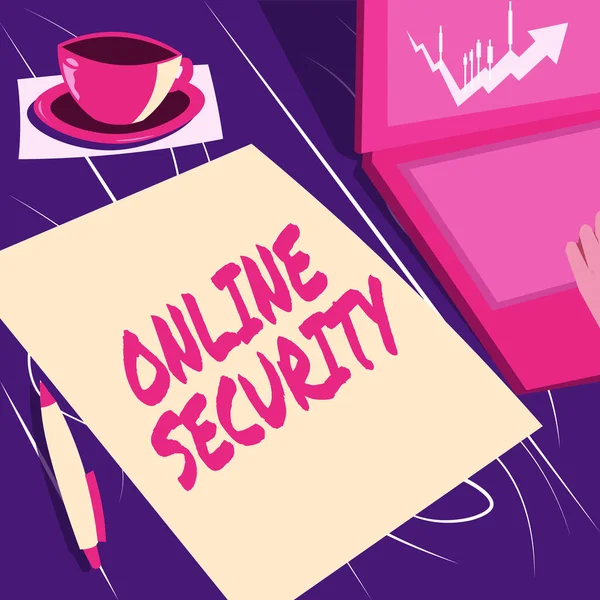 Håndskrift tekst Online Sikkerhed. Word for regler for at beskytte mod angreb over internettet Laptop hviler ved siden af kaffe krus og almindeligt ark Viser arbejdsprocessen. - Stock-foto