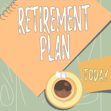 El yazısı Emeklilik Planı. Para biriktirme üzerine yazılmış sözcük, rahat çalışma alanını temsil eden bir defterle masa başında oturmayı bıraktığınızda kullanmak için..