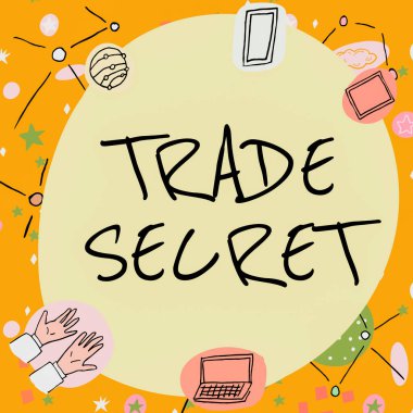 Ticaret Sırrı 'nı gösteren mesaj işareti. Teknolojiyi gösteren modern bilim sembolleriyle süslenmiş, fikri mülkiyet hakkında gizli bilgilere yazılmış bir sözcük..