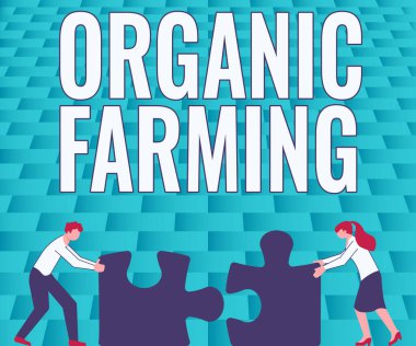 Kavramsal manşet Organik Çiftçilik. İş yaklaşımı, sürdürülebilirlik için çabalayan bütünleşik bir tarım sistemi İki Parça Yapbozu Bir arada Gösteren Meslektaşlar Yapboz Takımı.