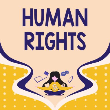 İnsan Hakları ilhamını gösteren bir metin. İş Konsepti Ahlaki İlkeler Standartları Kanun Kadını tarafından korunan Gelecekteki Gelişmeleri Sunan Teknolojik Cihazlarla çevrili bir gösterinin Normları.