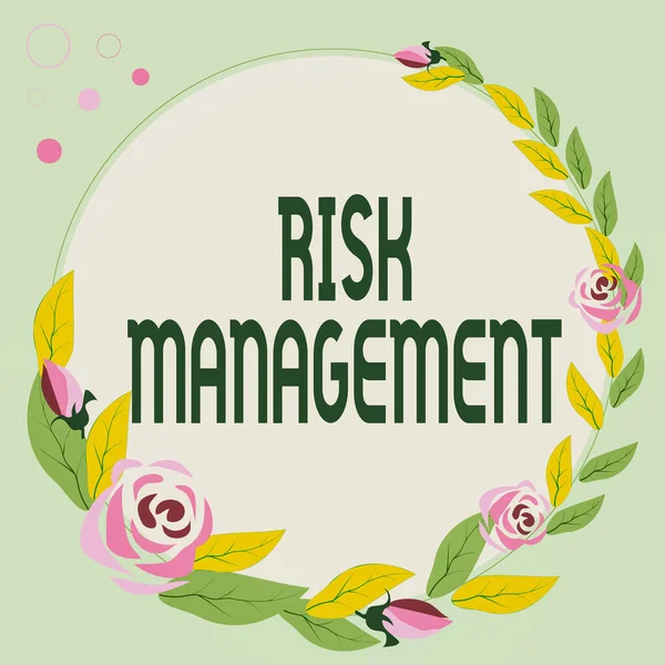 Text showing inspiration Risk Management. Business approach evaluation of financial hazards or problems with procedures Frame Decorated With Colorful Flowers And Foliage Arranged Harmoniously. — Stock Fotó