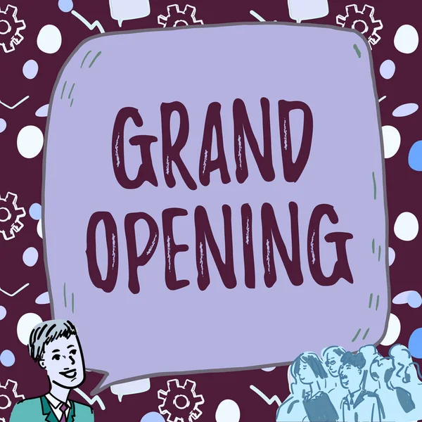 Text sign showing Grand Opening. Business concept Ribbon Cutting New Business First Official Day Launching Businessman With Large Speech Bubble Talking To Crowd Presenting New Ideas — Stok fotoğraf